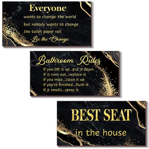 DONFENTHY 3 Pieces Black Gold Bathroom Decor Bathroom Rules Wall Art Rules Signs Best Seat in The House Farmhouse Wooden Sign for Toilet Wall Decor (Black Gold 10x5") - color: Black Gold