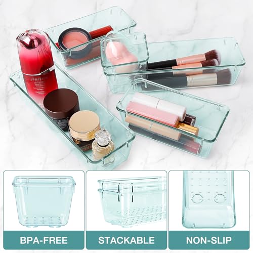 StorMiracle 16 PCS Drawer Organizer Set, 5 Varied Size Bathroom and kitchen Drawer cabinet organizer Trays, Clear Storage Bins for Makeup, Jewelry, Utensils and Gadgets - color: Sea Blue, size: 16 PCS