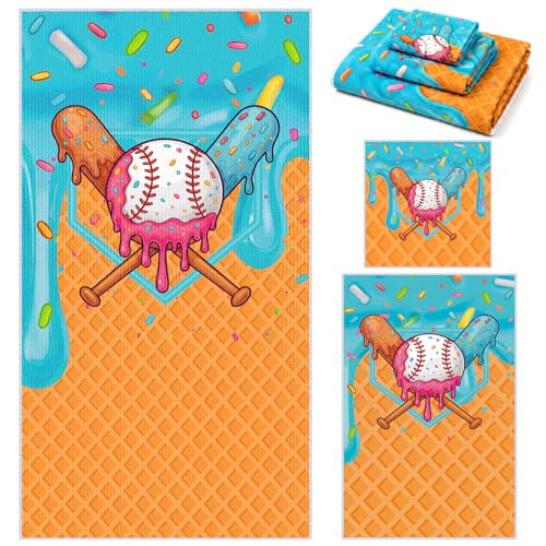 Moukeren Set of 3 Ice Cream Drip Baseball Bath Towels Baseball Bath Towel Hand Towel and Washcloth Soft Absorbent Ice Cream Drip Party Supplies for Summer Beach Swimming Party Favors Birthday Gifts - style: Ice Cream Drip