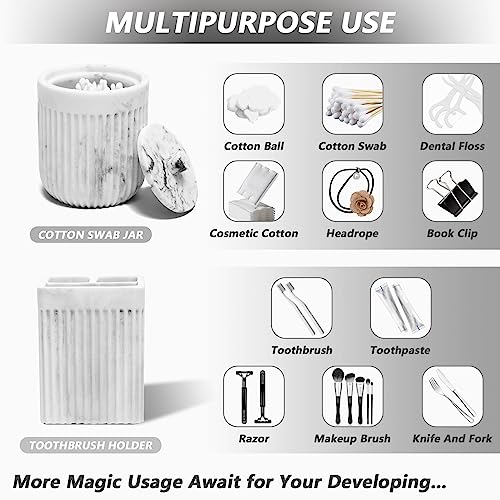 XLHOMO Resin White Marble Bathroom Accessories Set 5 Pcs, Lotion Soap Dispenser, Toothbrush Holder, Bathroom Tumbler, Qtip Holder and Vanity Tray, Bathroom Countertop Organizer Set for Home Apartment - color: Marble White, size: Resin Bath Set