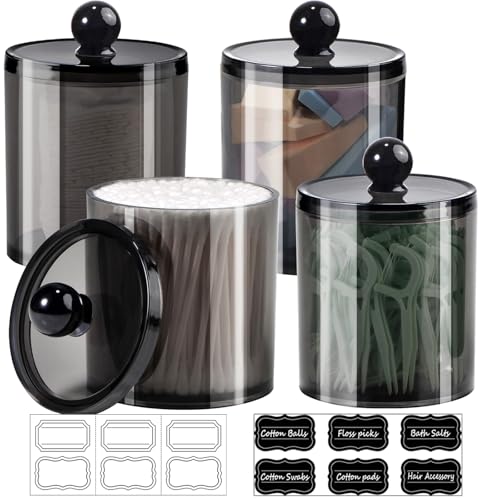 SheeChung Qtip Holder, Acrylic Apothecary Jars with Chalkboard Labels - Shatterproof Qtip Holder for Bathroom - Vanity Storage Canisters for Cotton Swabs,Balls,Floss Picks（4-Pack Black） - size: 4 pack 12 oz