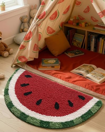 DEXI Bathroom Rugs Half Round 36x20, Cute Fruit Absorbent Bath Mat Non Slip Washable, Extra Soft Plush Microfiber Funny Bathmat for Shower Floor, Tub, Sink, Bedroom, Watermelon - color: Watermelon Slices