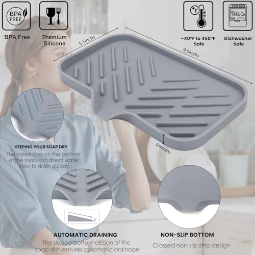 Yasmen Silicone Bathroom Soap Dishes, Sink Sponge Holder for Kitchen, Rubber Soap Dish with Drain, Shower Soap Sponge Tray, Sink or Counter Organizer, for Bar Soap, Bottle, Dish Soap Dispenser-Grey - color: Gray, size: L(9.5"×5.1" )