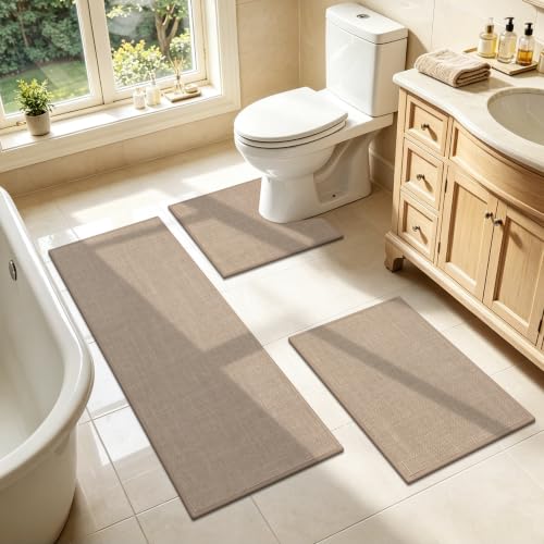SHACOS 3 Piece Bath Mats Toilet Rug U-Shaped, No Slip Rubber Bath Rugs for Bathroom Toilet, Ultra Thin Bathroom Rugs Washable Quick Dry Absorbent Bathroom Mat (17"x24"+20"x32"+ U-20"x24") - color: Brown, size: 17"x24"+20"x32"+U20"x24"