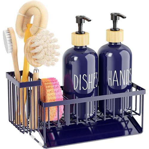 Cisily Navy Blue Kitchen Dish Soap Dispenser, 16 fl Oz Dual Kitchen Soap Dispensers with Sponge Holder, Customized Stainless Steel Kitchen Soap Dispenser Set, Modern Hand and Dish Soap Bottle Set - color: Navy Blue Sponge Holder + Navy Blue Bottle
