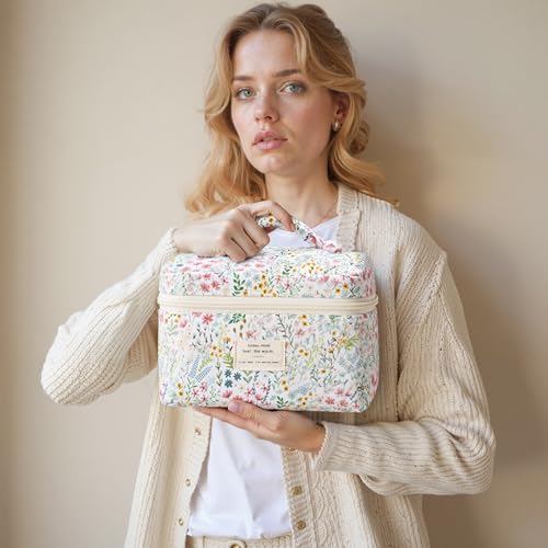HBselect Quilted Makeup Bag, 3PCS Cotton Large Travel Makeup Bag, Cute Floral Coquette Make up Bag Cosmetic Bag Toiletry Bag for Women Girls - color: A-3PCS-Floral 41