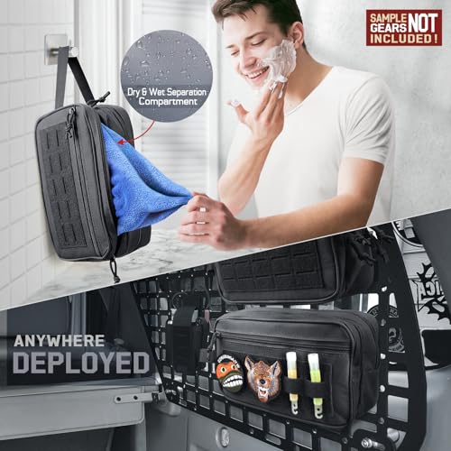 RXW EDC Toiletry Bag for Men, Tactical Dopp Kit, Molle Pouches Compact Travel Organizer for Shaving Shower, Hygiene, Grooming (Includes Dry/Wet Compartment & US Flag Patch) - color: Black