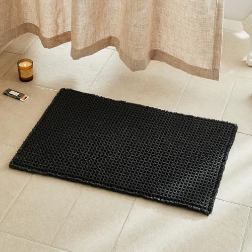 TYUU Black Bathroom Rug, Waffle Bath Mat Non Slip Washable Super Absorbent Quick Dry Boho Farmhouse Bathroom Decor, 30"x20" Black - color: Black, size: 1'8" X 2'6" (Rectangular)