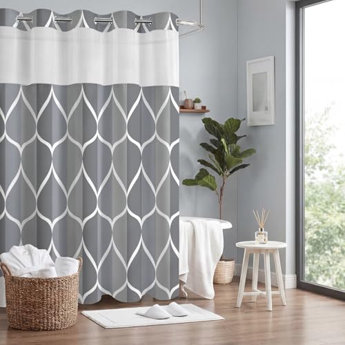 Yiatn Grey Blue No Hook Shower Curtain with Snap in Liner - Hotel Style with See Through Mesh Top Window, Modern Geometric Waterdrop Design,Waterproof and Washable,- 71x74 INCH - color: Grey Blue, size: 71"W x 74"L (Pack of 1)