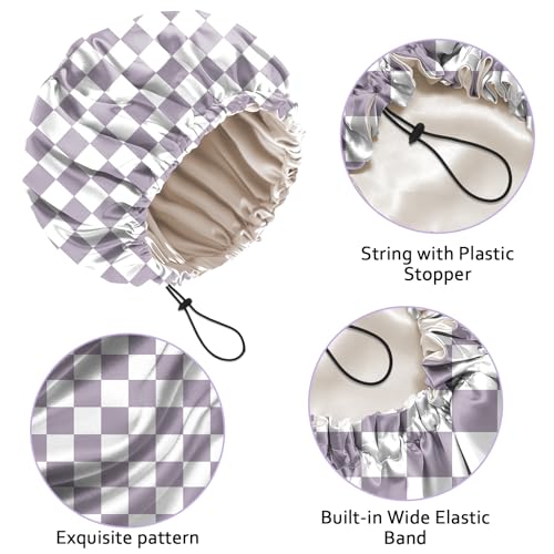 Luxury Shower Cap Silk Satin Lined Waterproof Reusable Adjustable Elastic Dry Hair Bathing Caps Cute for Women Girls-Purple Checkered - color: C-16-Purple Checkered