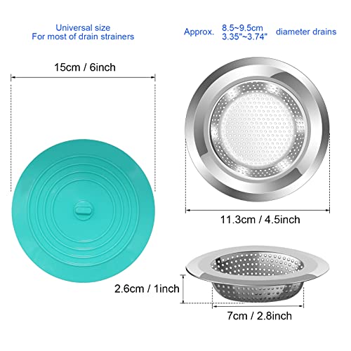V-TOP Kitchen Drain Strainer Stopper 4 Pack, Universal 6 Inch Silicone Plug Anti-Clogging Stopper Cover, 4.5 Inch Stainless Steel Basket Strainer Food and Hair Catcher - color: 6" Blue & Green