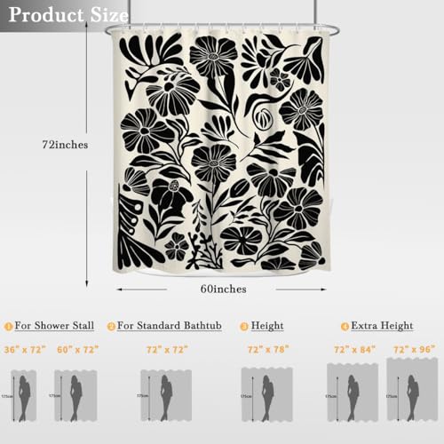 Black Boho Floral Shower Curtain, Minimalist Botanical Wildflower Pattern, 60x72 Inch Polyester Fabric for Bathroom, Modern Farmhouse Trippy Retro Aesthetic Decor, 12 Hooks - color: Black, size: 60"W x 72"L (Pack of 1)