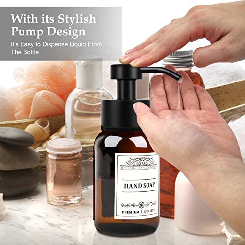 8.5oz Brown Glass Soap Dispenser 2 Pack for Kitchen Bathroom Black | Leakproof conditioner and hand soap pump set with waterproof DIY labels; rustproof holder saves countertop space. - color: Amber Set of 2