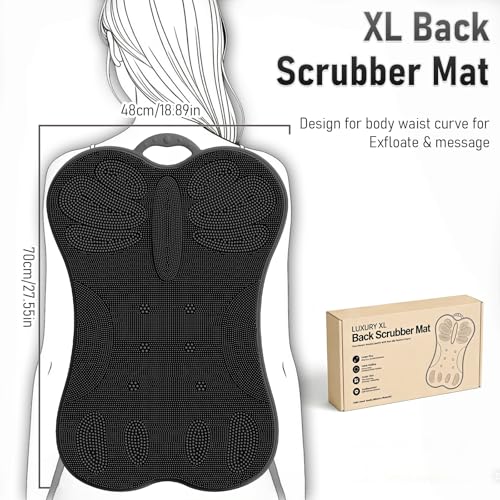 Back Scrubber Shower Bathtub Tub Body Bath Cushion Back Lumbar Support - Silicone Ergonomic Extra Large Thick Soft Seat Paded Non-Slip Suction Cups Relaxing Spa Exfloating Scrubber Mat Black - color: Black
