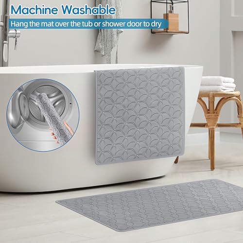 Bathtub Mat Non Slip with Suction Cups - 100% Rubber Bathroom Mat Textured for Bath Tub Shower Safety - Soft on Touch - BPA/PVC Free - Pet Dog Bath Mat - Machine Washable - 17 × 35 Inch（Gray） - color: Gray, size: 35" x 17" (Rectangular)