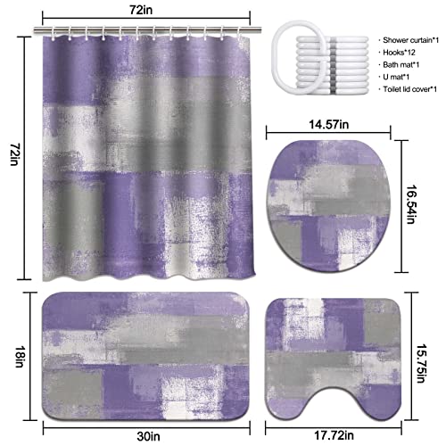 Lnond 4Pcs Purple Bathroom Shower Curtain Sets with Rugs, Purple and Grey Painting Art Bathroom Sets with Shower Curtain and Rugs and Accessories - color: 1-purple