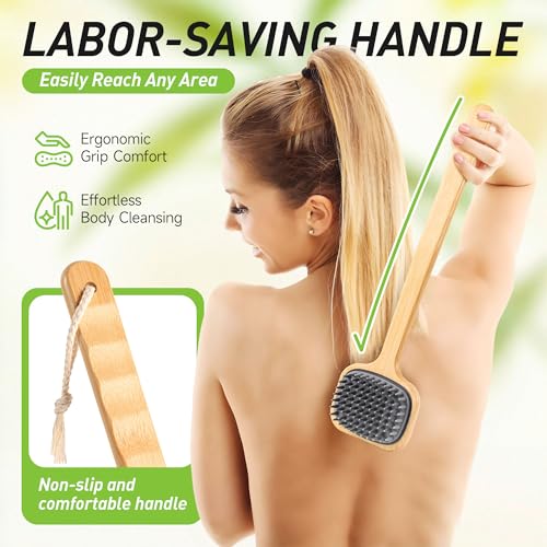 NURENDER 16.92'' Double-Sided Back Scrubber for Shower, Silicone Back Bath Brush Ideal for Sensitive Skin, Exfoliating, with Anti-Slip Bamboo Handle & Hanging Loop, Dry Body Brush for Men, Women - size: 16.92 Inch