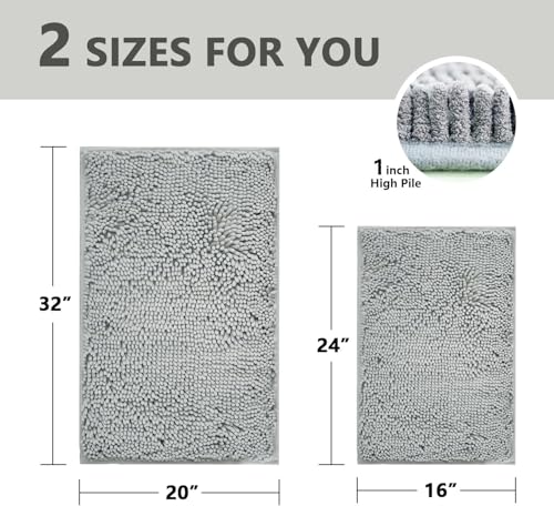 BOANKODU Bathroom Rugs Sets 2 Piece, Extra Soft Chenille Bath Mat Absorbent Bathroom Rug, Bathroom Mat with PVC Non-Slip Bottom, Machine Washable Bath Rugs (32x20 Inch + 24x16 Inch, Light Grey) - color: Light Grey, size: 16" x 24" + 20" x 32" (Rectangular