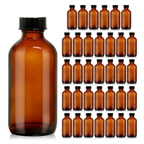 35 Pack 4 oz Amber Glass Boston Round Bottles with Phenolic Polycone Caps – Airtight, Leak-Proof Bottles for Vanilla Extract, Kombucha Brewing, Essential Oils, and Homemade Solutions - size: 4 ounces