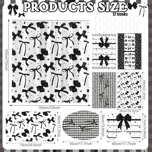 FuWeave 8 Pcs Black Shower Curtain Set Aesthetic Bow Knot Bathroom Decor Pretty Coquette Waterproof Shower Curtain Modern Minimalist Towels Non Slip Rug Toilet Lid Cover Bath Mat with 12 Hooks - color: Black Bow