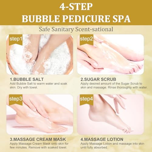 Pedicure Kit Foot Soak Set: Bubble Salt, Sugar Scrub, Massage Mask, Massage Lotion in a Box, 4 Step Foot Spa Kit for Dry Feet, Calluses and Tired Feet(1 Set Honey Flower)