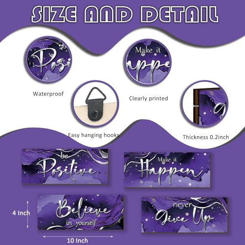4 Piece Purple And Silver Bathroom Decor Motivational Silver Wall Art Abstract Women’s Office Decor Inspirational Wooden Signs Purple Bathroom Accessories for Home Bedroom Office 10X4 Inch - color: Purple
