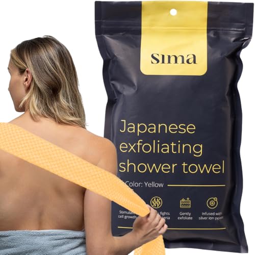 Sima Brand Exfoliating Washcloth Face & Body Scrub Towel - Japanese Exfoliating Towel with Hexagon Fibers, Body Scrubber with 2 Sides for Scrubbing & Washing, Extra Long Body Towels (Yellow) - color: Yellow