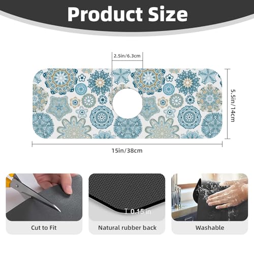 Mandala Boho Blue Flower 15" X 5.5" Kitchen Sink Splash Guard Faucet Faucet Guard Draining Mat Sink Splash Guard Faucet Kitchen Bathroom - color: Mandala Boho Blue Flower