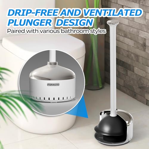 FORASTO Toilet Plunger with Holder,Plungers for Bathroom with Holder,Heavy Duty Plunger with Cover,Bathroom Decor，Bathroom Accessories，Toilet Bowl Cleaners,Silver White（21inch） - color: Silver White, size: 1Pack