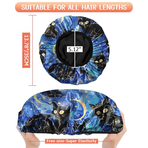 Luxury Shower Cap Terry Lined Reusable Triple Layer Waterproof Hair Elastic Caps Shower Bath Hat for Women Girls Cute Aesthetic-Black Cat - color: AL7-Black Cat
