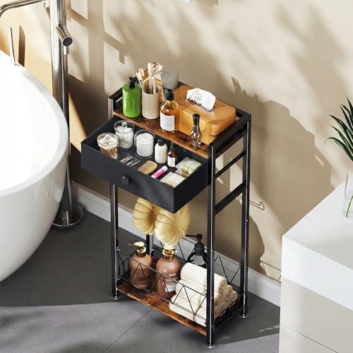 Freestanding Toilet Paper Holder Stand with Storage Drawer, Narrow Bathroom Shelf, Spare Roll Basket, 4-Way Install Paper Arm, Space-Saving Rack for Apartments & RVs (Brown)