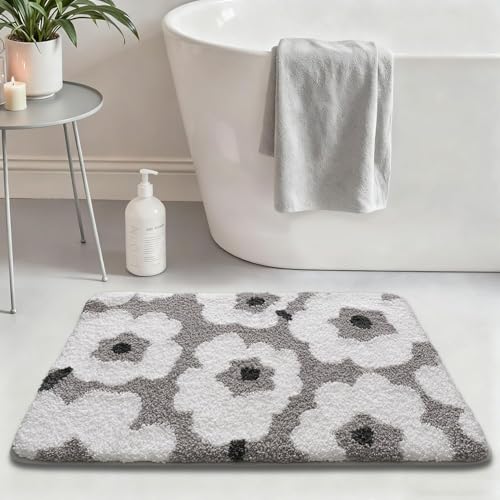 LUMI Bathroom Rugs Cute Floral Design, Soft Absorbent Microfiber Bath Mat Non-Slip, Machine Washable Quick Dry Grey Luxury Rug Flower for Floor, Bathtub, Home Decor, 24"x43" - color: C-white Flower, size: 24"x43"