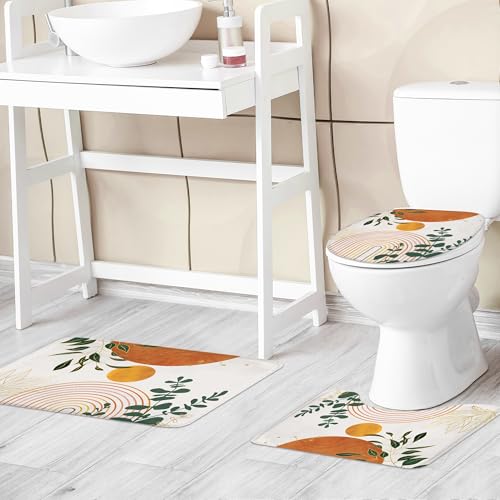 Riyidecor Mid Century 4Pcs Bathroom Shower Curtain Sets Abstract Aesthetic Geometric Bathroom Decor Set with Rugs and Accessories Modern Minimalist Toilet Lid Rug, Contour and Bath Mat with 12 Hooks - color: 05orange