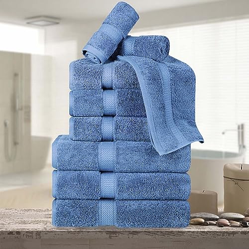 BNM Madeline Egyptian Cotton Heavyweight Towels, Ideal for Shower, Spa, Hotel, 800 GSM, Face/Washcloths, Hand Towels, Bath Towels, Highly-Absorbent, Luxury , 9 Piece Towel Set, Denim Blue - color: Denim Blue, size: 9-Piece Towel Set