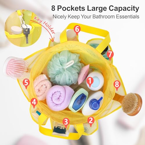 Mesh Shower Caddy Portable with Drawstring - 2-Handle Shower Bag for Dorm | 8 Deep Pockets, S-Hook, Quick-Dry Mesh, College Dorm Room Essentials for Girls, Camping, Gym, Travel, Yellow - color: Yellow with Drawstring, size: L (Classic Dorm Caddy)