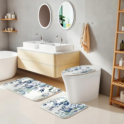 16 Pcs Blue Eucalyptus Shower Curtain Set with Absorbent Rugs and Metal Hooks,Premium 120gsm Heavy Weight Fabric Shower Curtain,Botanical Bathroom Deco (B-Blue) - color: Blue