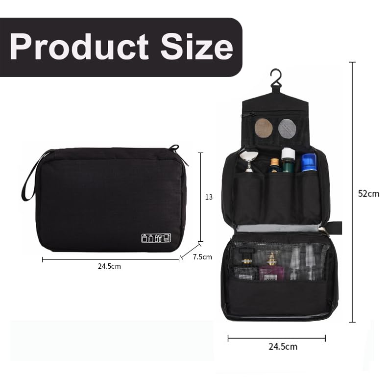Hanging Toiletry Bag, Black | Wash Bag, Makeup Cosmetic Organizer, Women or Man, Foldable Compact Size, Super Durable Fabric - color: Black
