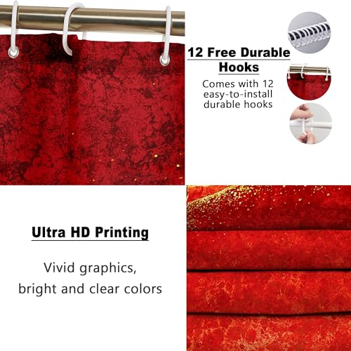 Poedist 4 Pcs Gold Edge Marble Bathroom Shower Curtain Set, Bathroom Sets with Shower Curtain and Rugs(Bath Mat,U Shape and Toilet Lid Cover Mat) and 12 Hooks-Red - color: Red Yellow