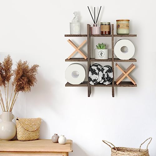 Weysat Tic Tac Toe Toilet Paper Holder Stand Bathroom Wall Decor Rustic Wooden Hanging Storage Freestanding Wall Mounted Shelves Decor for Toilet Tissue Farmhouse - color: Wood Color, Brown