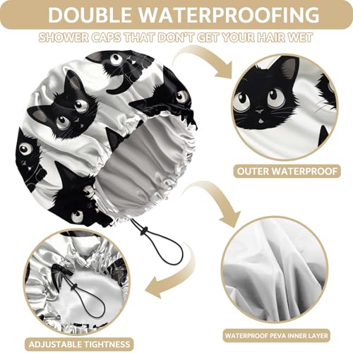 Shower Cap Adjustable Waterproof Double Layer Elastic Reusable Hair Bath Cap Cute Aesthetic for Women Girls-Cat - color: R3-Cat