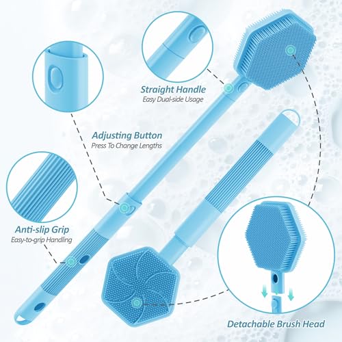 Silicone Back Scrubber for Shower, 16''-21''Extendable Shower Back Scrubber with Dual-Side Large Brush Head, 3-Length Back Brush Bath Brush with Strong Handle & Rich Foaming Bristles(Blue) - color: Blue