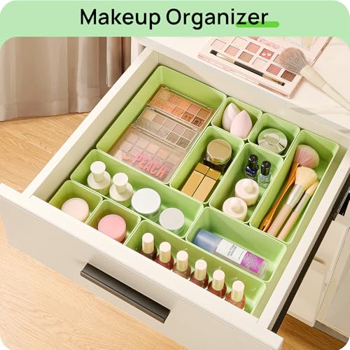 Vtopmart 25 PCS Plastic Drawer Organizers Set, 4-Size Versatile Bathroom and Vanity Drawer Organizer Trays, Storage Bins for Makeup, Bedroom, Kitchen Gadgets Utensils and Office, Light Green - color: Light Green