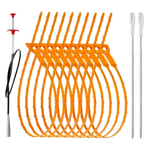 34inch Drain Snake (1pc), 25inch Hair Drain Clog Remover (10 pcs) & 18Inch Cleaner Brush (2 pcs), Sink Plumbing Snake Drain Tool Unclogger Tool Set For Kitchen, Bathroom Tub, Sewer, Toilet - style: 10pcs 25inch+1pcs 34inch+2pcs Cleaner Brush