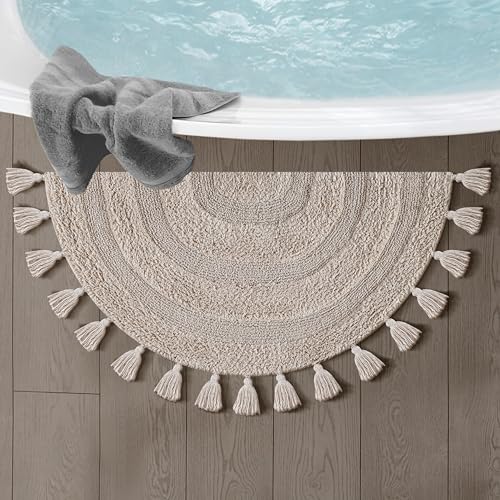 Cotton Half Circle Boho Bathroom Rug with Antiskid 22"x36" Beige – 100% Cotton Scalloped Bath Mat, Anti Skid, Soft & Absorbent Bathroom Rug for Shower, Tub & Entryway - color: Beige, size: 22"x36" - Half Circle