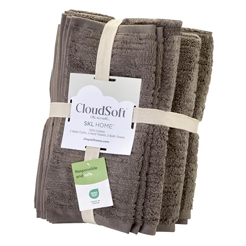 SKL Home CloudSoft 100% Cotton Luxury 6-Piece Towel Set, 600 GSM, Ultra Plush & Absorbent - 2 Bath Towels, 2 Hand Towels, 2 Washcloths, Mink Brown - color: Mink Brown, style: 6-Piece Towel Set