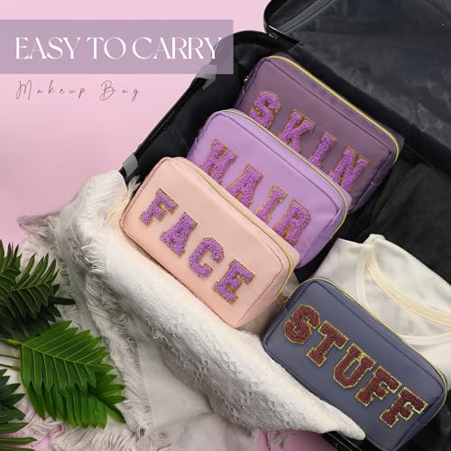 Preppy Makeup Bags Chenille Letter Stuff Bag Nylon Cosmetic Pouch Cases with Zipper for Women Travel Toiletry(Purple Set,Classic,4 Pcs) - color: Purple Set, size: Classic