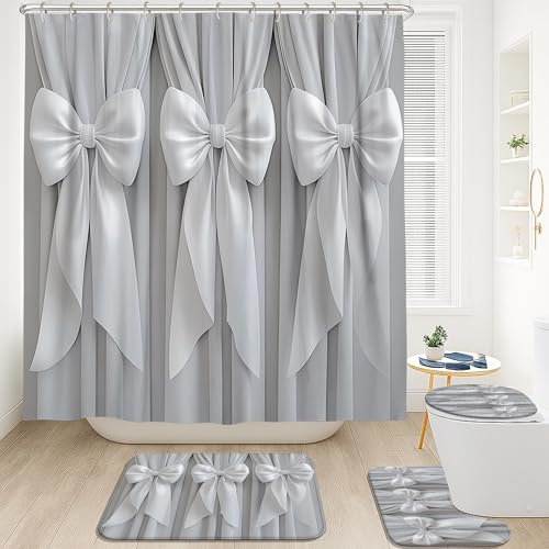 Bow Shower Curtain Sets, Elegant Modern Ribbon Curtain N/a Gray Polyester Waterproof Design Bathroom Shower and Rug Set for Bathtub Toile Guest Room Decor 72x72 Inch - size: 72"W x 72"L (Pack of 4)