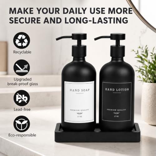 Black Soap Dispenser - Kitchen Hand Dish Soap Dispenser, Glass Bathroom Soap Lotion Dispenser with Tray, Dishwashing Liquid Dispenser, 14 Stickers, Black Bottle/Black Pump-pd - color: Black Bottle/Black Pump + Tray