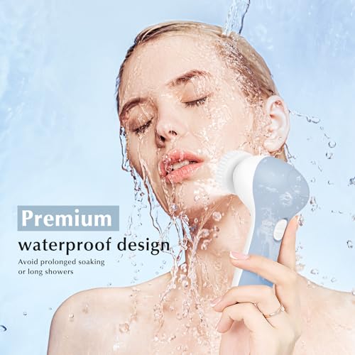 COSLUS Facial Cleansing Brush Silicone Face Scrubber: 2 in1 FBS-D Electric Exfoliating Massage Device Waterproof Deep Cleaning Exfoliation Rotating Spa Machine - Electronic Skin Care Wash Clean System - color: Blue, size: With 2 brush heads