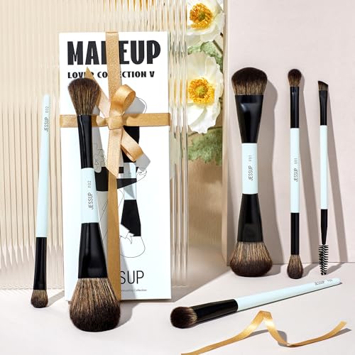 Jessup Makeup Brush Set 6pcs Double Sided Makeup Brushes Foundation Contour Blush Highlight Blending Eyebrow Brush Eyeshadow Brush, Vegan Fiber Make up Brush Bright Cyan T501 - style: T501-6pcs